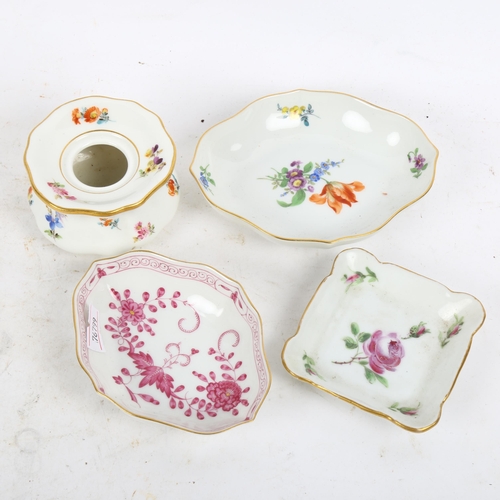 796 - A Meissen ink stand, with floral painted decoration, and 2 small Meissen pin dishes, a small Dresden... 