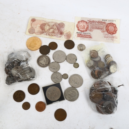 800 - Various Vintage world coins and banknotes, including 10 shillings banknotes, and various dollar coin... 