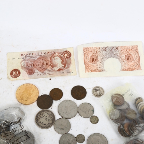 800 - Various Vintage world coins and banknotes, including 10 shillings banknotes, and various dollar coin... 