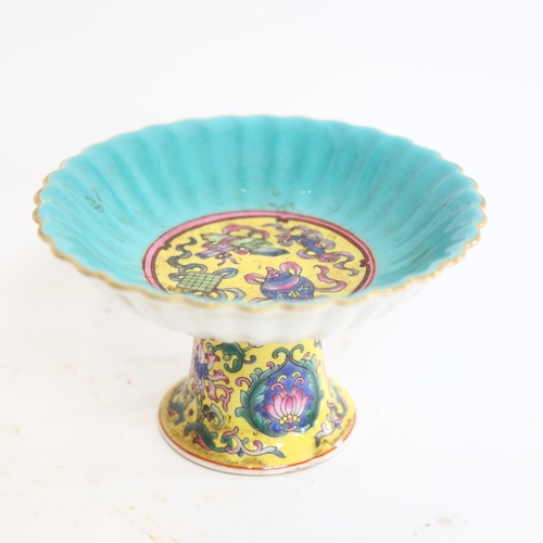 803 - A Chinese yellow and turquoise ground porcelain stem bowl, 6 character mark on base, height 9cm, dia... 