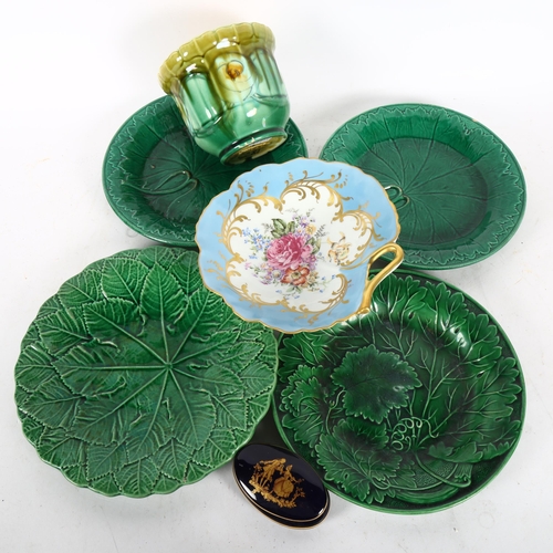 531 - 4 Majolica green leaf plates, a Limoges pot and cover, an Art Nouveau Minton's jardiniere etc