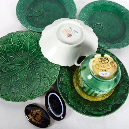 531 - 4 Majolica green leaf plates, a Limoges pot and cover, an Art Nouveau Minton's jardiniere etc