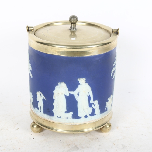 582 - A Wedgwood blue Jasperware biscuit barrel, with plated mounts