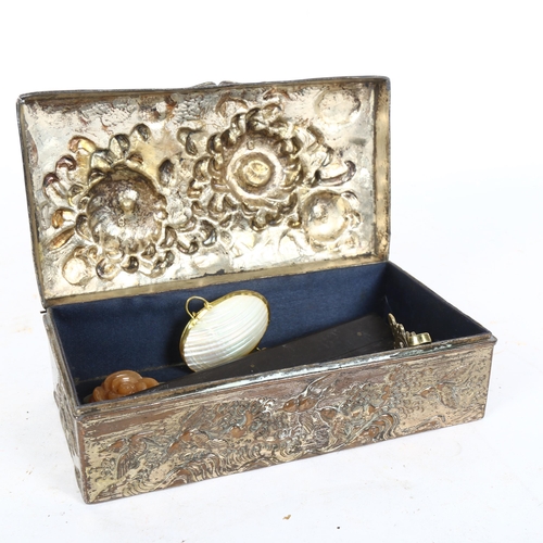 586 - A Japanese antimony chrysanthemum cigarette box, Ethiopian Coptic cross pendant, mother-of-pearl gam... 