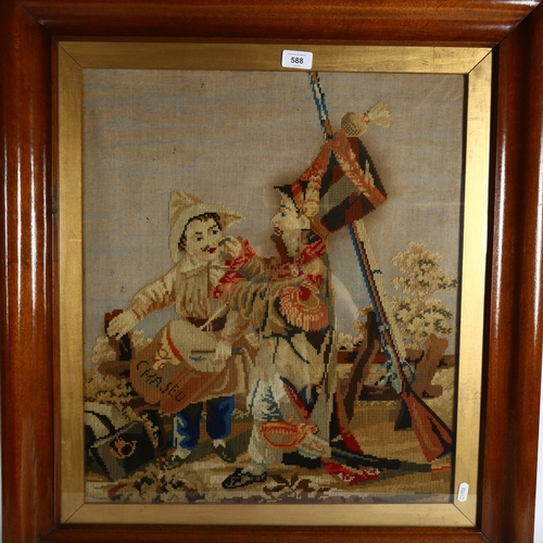 588 - A 19th century needlework embroidery, depicting military figure and drummer, framed, 78cm x 70cm ove... 