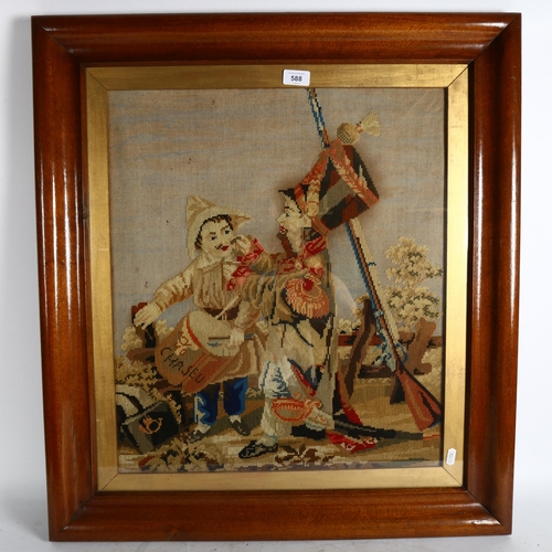 588 - A 19th century needlework embroidery, depicting military figure and drummer, framed, 78cm x 70cm ove... 