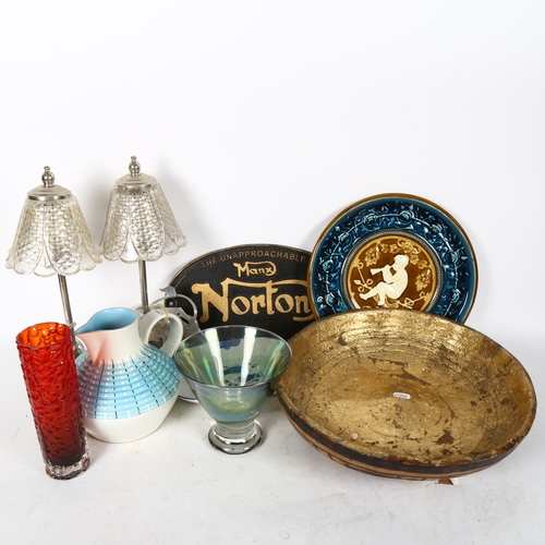 589 - A Denby Burlington jug, an Austrian Maiolica charger, a pair of table lamps, a reproduction sign etc