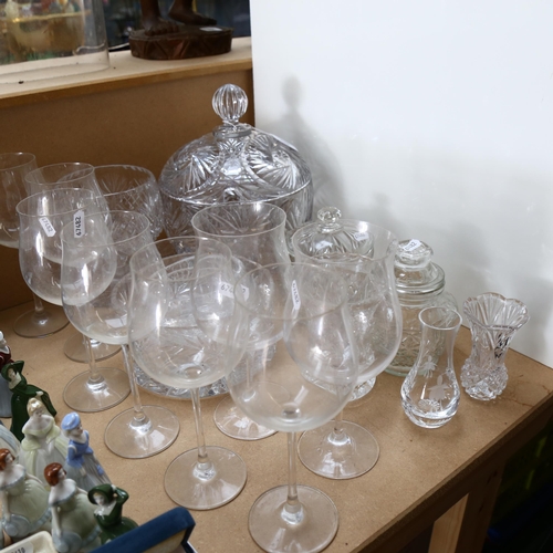 596 - A large glass punch bowl and carver, fruit bowls, vases, goblets etc