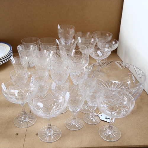 598 - A collection of crystal glassware, including Champagne glasses, Sherry and wine etc