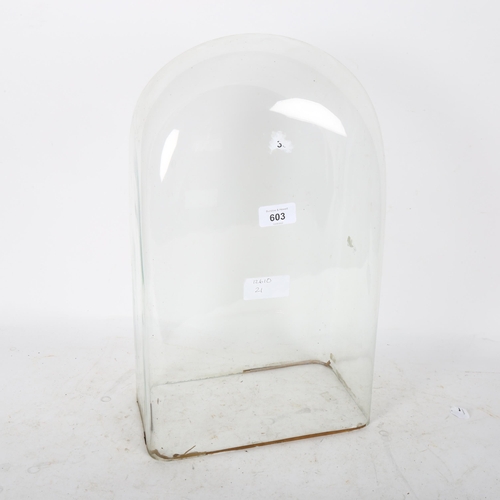 603 - A glass dome, internal measurements: W25.5cm, H43cm, D16cm