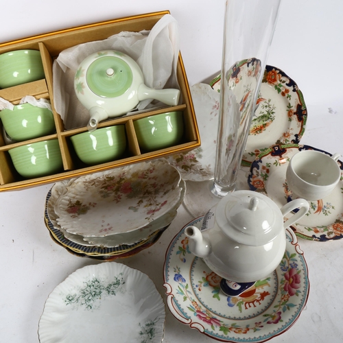 608 - A Japanese Sake set, boxed, a collection of Antique decorated plates, Mauchline Ware teapot and cup,... 