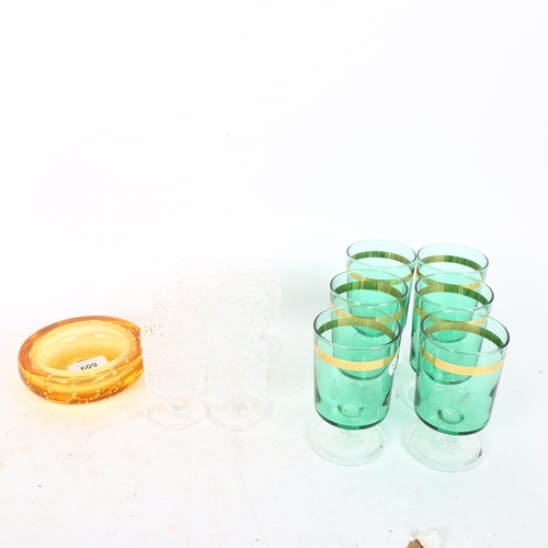 609 - An amber Whitefriars bubble glass dish, a set of 6 mid-century glasses, and a set of 6 green and gol... 