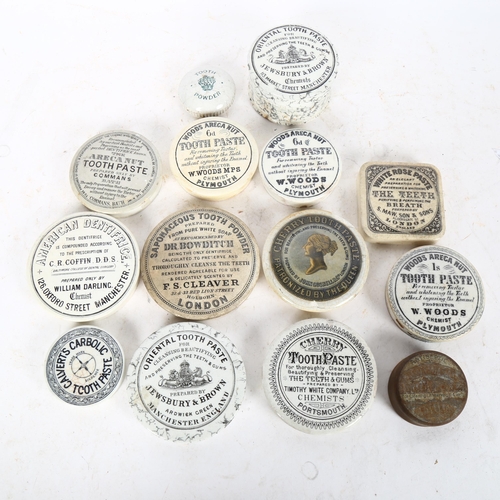 611 - 14 x 19th century monochrome printed toothpaste lids, and 1 pot and cover, including Saponaceous Too... 