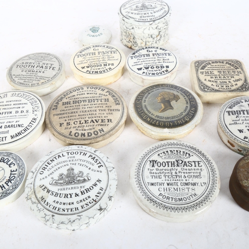 611 - 14 x 19th century monochrome printed toothpaste lids, and 1 pot and cover, including Saponaceous Too... 