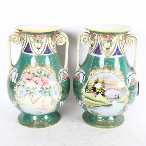 622 - A pair of Japanese porcelain 2-handled vases, with painted and gilded decoration, height 28.5cm