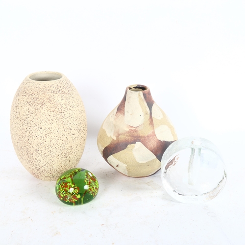 623 - 2 Cumbrian Studio pottery vases, tallest 15cm, and a Studio glass candle stand and a paperweight