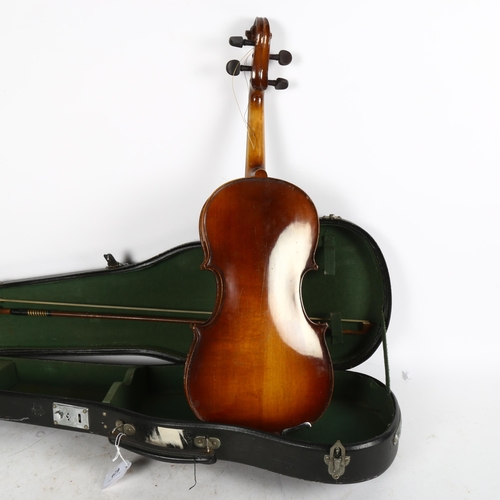 629 - A Vintage violin, back length 36cm with bow and case