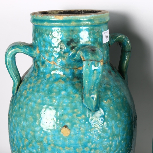 644 - A pair of large Hamadan turquoise glaze pottery oil jars (1 A/F), height 54cm