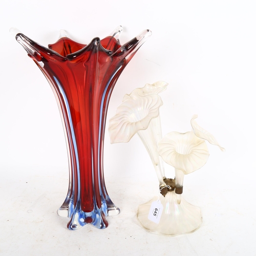 645 - A tall red and blue Art glass vase, height 40cm, and an iridescent glass epergne (2)