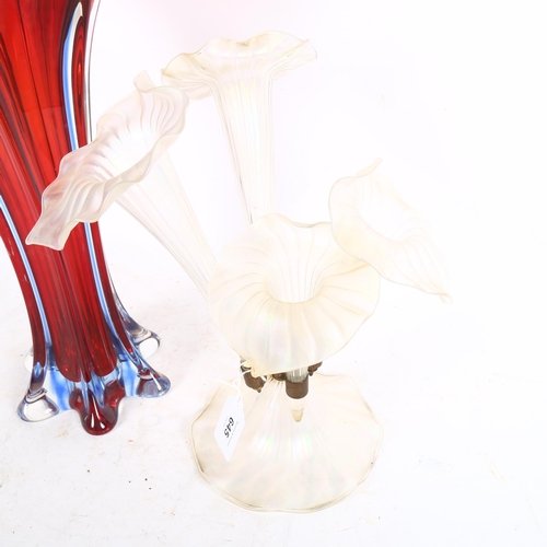 645 - A tall red and blue Art glass vase, height 40cm, and an iridescent glass epergne (2)