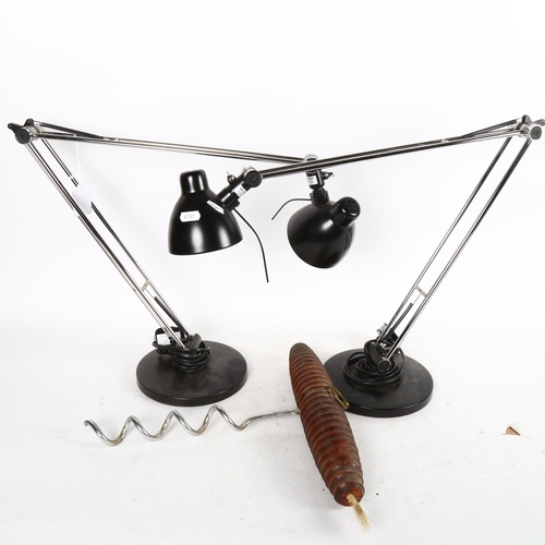 650 - A pair of modern chrome anglepoise lamps, and a large corkscrew