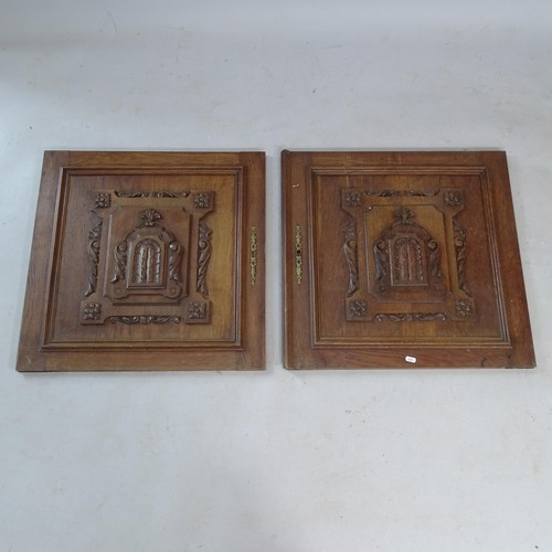 2396 - A pair of oak panelled doors with carved armorial decoration, each 65cm x 63cm