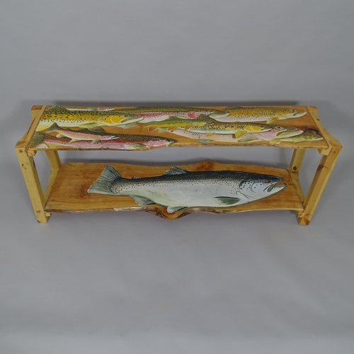 2500 - A painted pine 2-tier side table/bench, with painted fish decoration, by Clive Fredriksson, L131cm, ... 