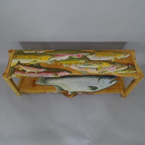 2500 - A painted pine 2-tier side table/bench, with painted fish decoration, by Clive Fredriksson, L131cm, ... 