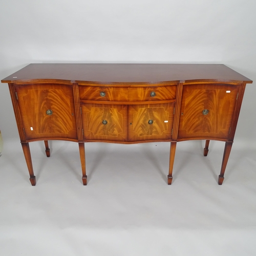 2502 - A reproduction mahogany and satinwood-strung bow-front sideboard, on square tapered legs and square ... 