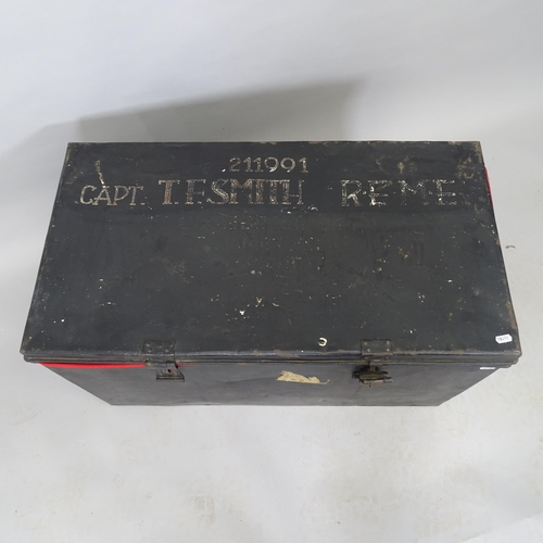 2517 - A Vintage metal trunk, labelled Captain T F Smith, REME, 83cm x 47cm x 45cm