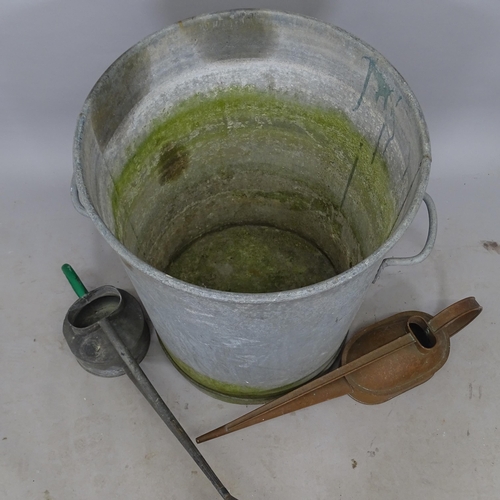 2705 - A galvanised metal waste bin, 56cm x 63cm, and a copper watering can, and a galvanised metal waterin... 