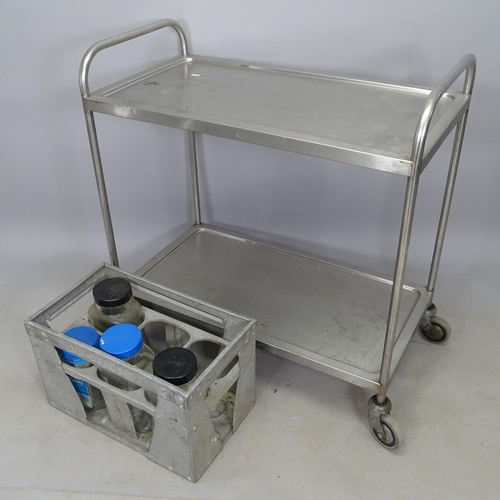 2706 - A stainless steel 2-tier metal trolley, 87cm x 92cm x 47cm, a galvanised metal crate, 52cm x 33cm x ... 