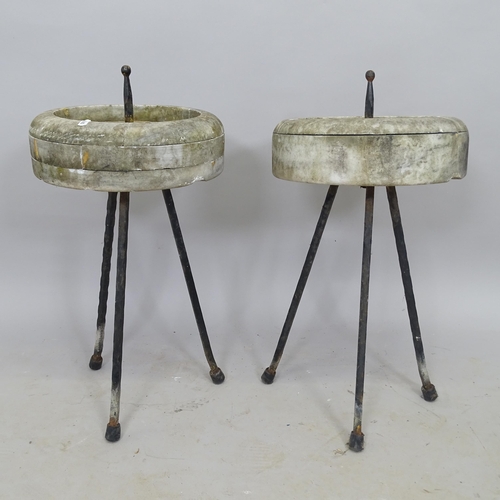 2707 - A pair of marble bird baths, on tripod base, 30cm x 60cm