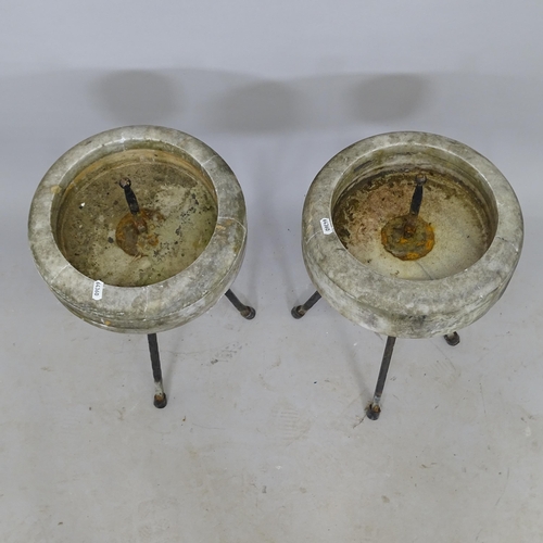 2707 - A pair of marble bird baths, on tripod base, 30cm x 60cm