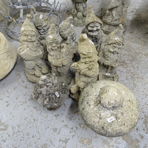 2712 - 7 concrete garden gnome figures, and 2 concrete toad figures, tallest 32cm