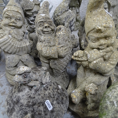 2712 - 7 concrete garden gnome figures, and 2 concrete toad figures, tallest 32cm