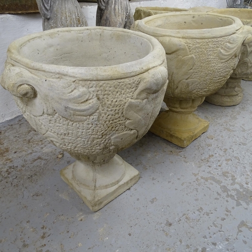 2725 - A pair of 2-section garden urns, with fleur de lis style depiction, 50cm x 55cm