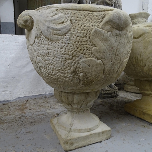 2725 - A pair of 2-section garden urns, with fleur de lis style depiction, 50cm x 55cm