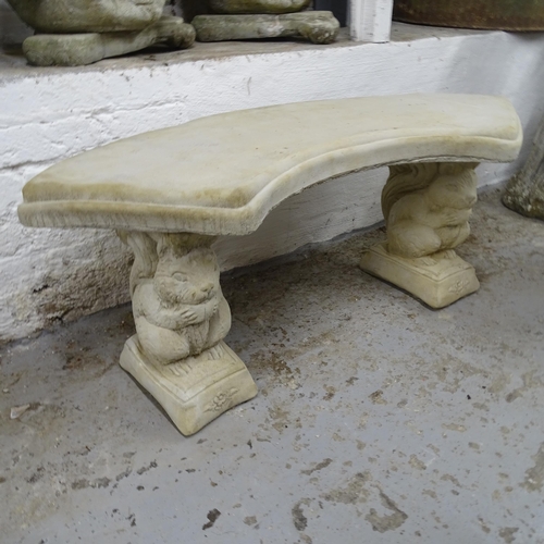 2726 - A curved concrete garden seat on squirrel plinths, 100cm x 45cm x 45cm