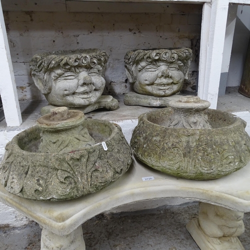 2727 - A pair of weathered concrete circular garden urns on stand, 40cm x 35cm, and a pair of garden plante... 