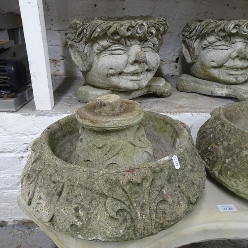 2727 - A pair of weathered concrete circular garden urns on stand, 40cm x 35cm, and a pair of garden plante... 