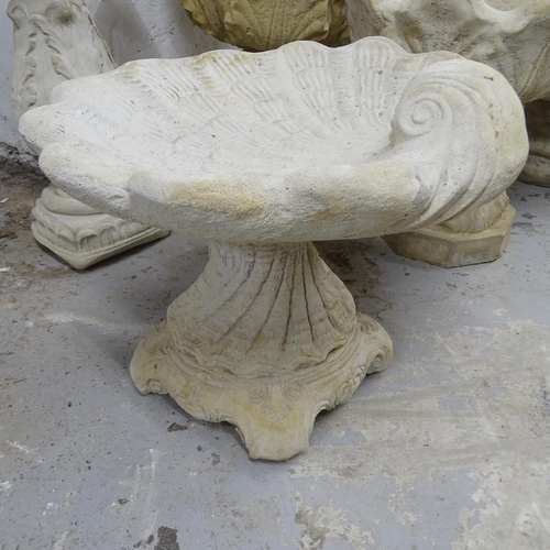 2735 - A shell design concrete bird bath on stand, 50cm x 42cm