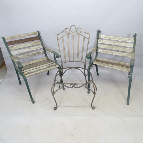 2741 - A pair of green painted cast-iron garden seats, 65cm x 80cm x 65cm, and a cast-iron garden seat, 55c... 