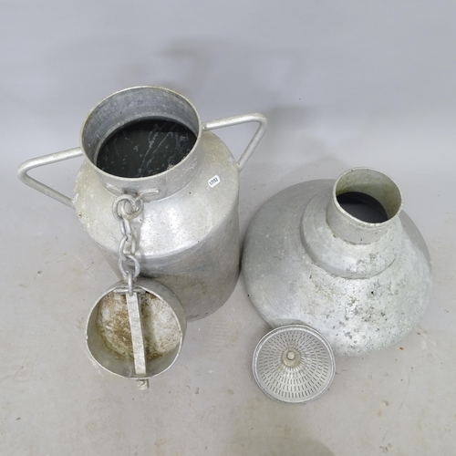 2744 - A galvanised milk churn, 40cm x 52cm, and a galvanised filter funnel, 40cm x 36cm