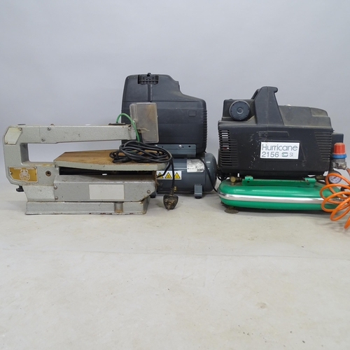 2747 - A high pressure air compressor, a Hurricane air brush compressor, and a bench scroll saw