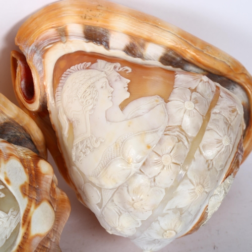 820 - 3 early 19th century conch shells with relief carved Classical cameo panels, largest length 15cm