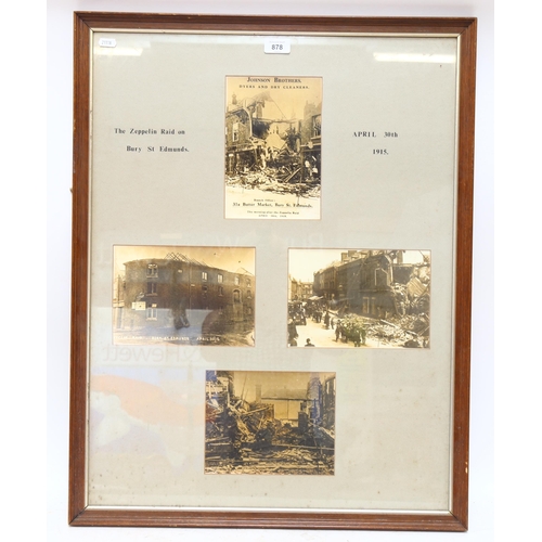 878 - A framed pictorial zeppelin raid on Bury St Edmunds April 30th 1915, framed, overall 76cm x 60cm