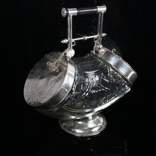 1001 - A moulded glass and silver plated biscuit barrel, with 2 pull flip-up engraved lids