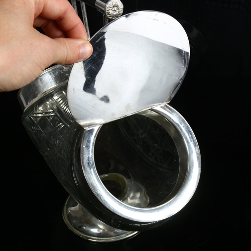 1001 - A moulded glass and silver plated biscuit barrel, with 2 pull flip-up engraved lids