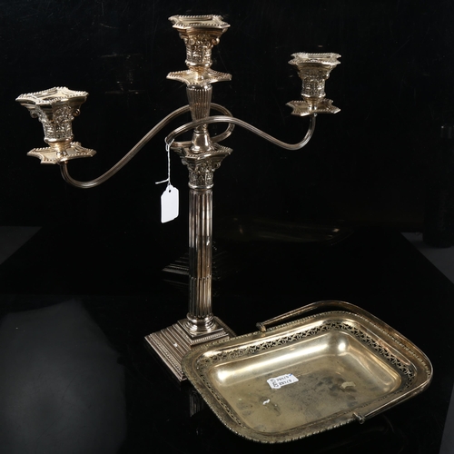 1002 - An electroplate Corinthian column design 2-branch table candelabra, height 46cm, and an electroplate... 